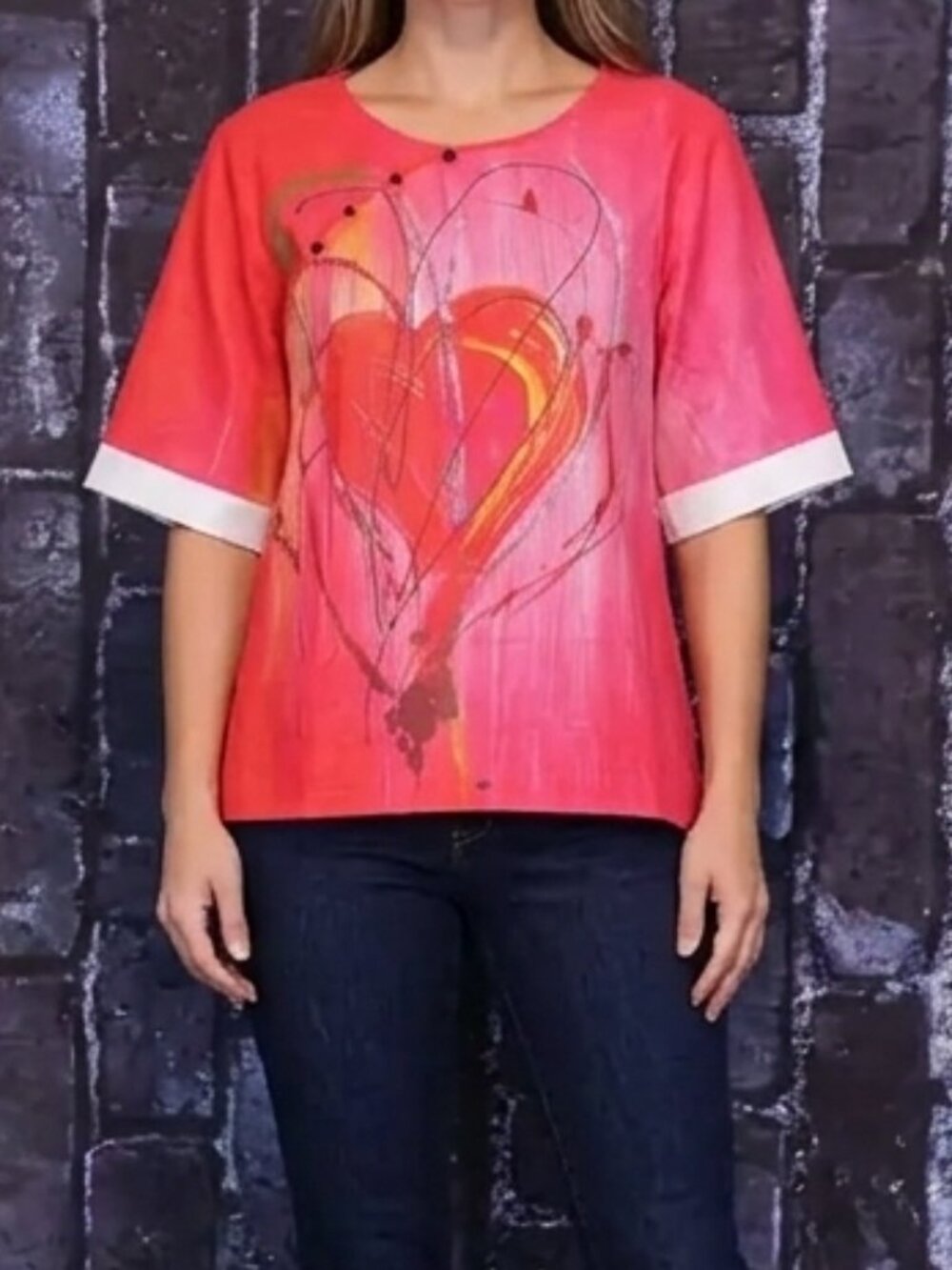 Abstract Graffiti Heart Graphic Top Red Short Sleeve Asymmetric Neck - Size 2XL